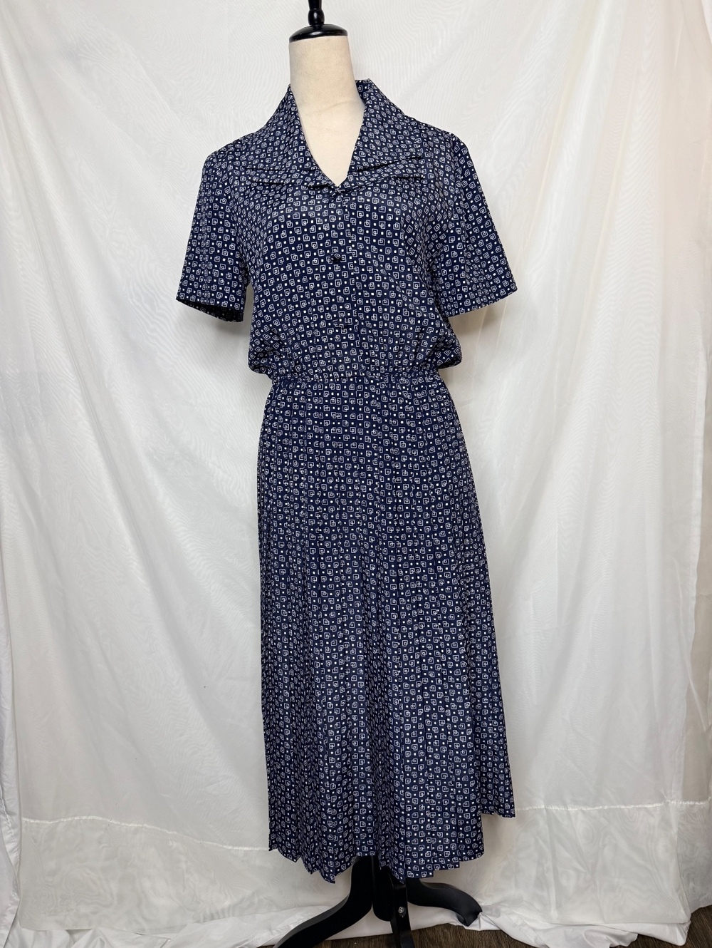 80s Leslie Fay Geometric Wide Collar Midi Dress 6